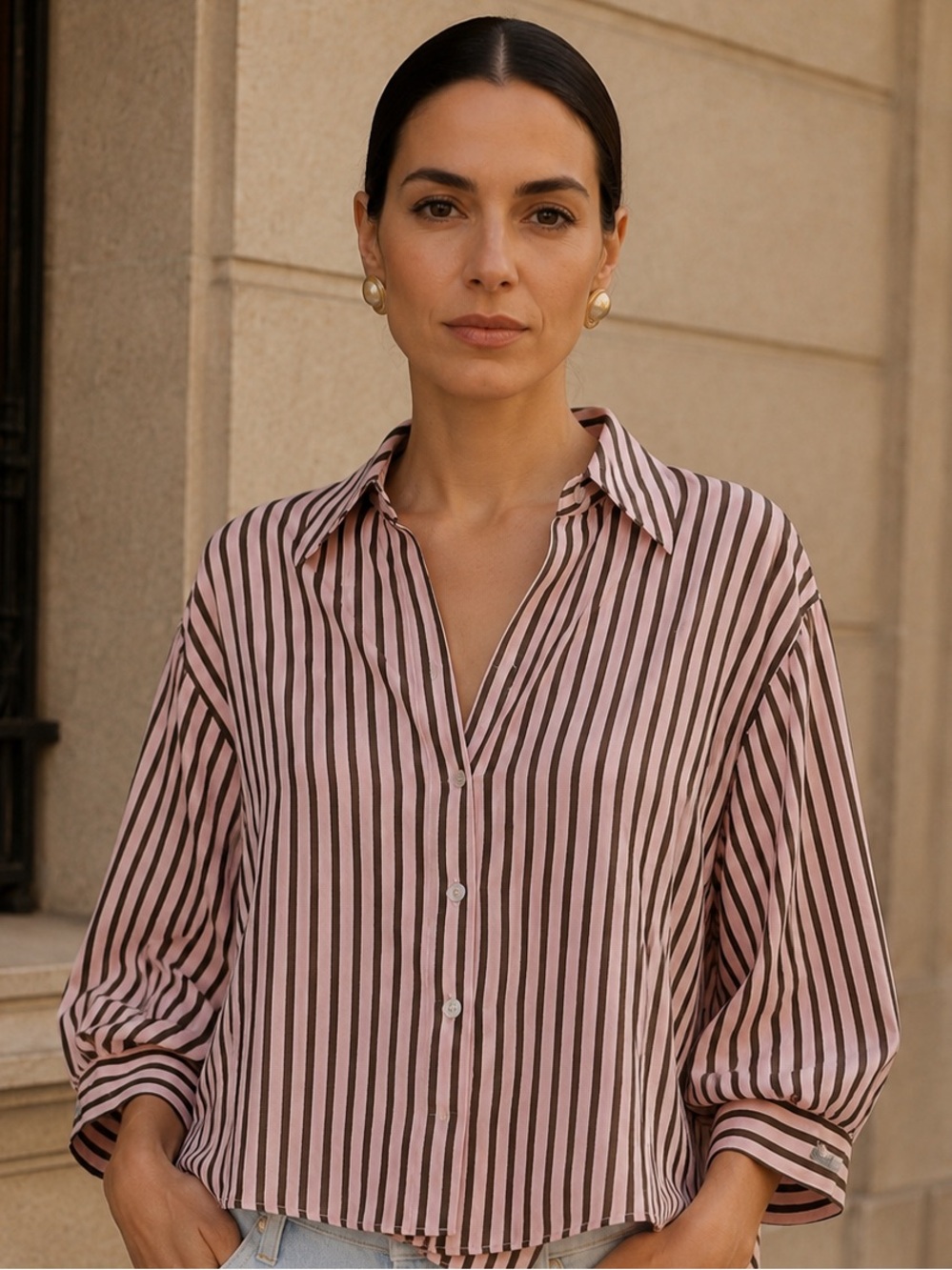Zara Pink Striped Balloon Sleeve Button Front Shirt Blouse M NWT - Picture 2 of 11